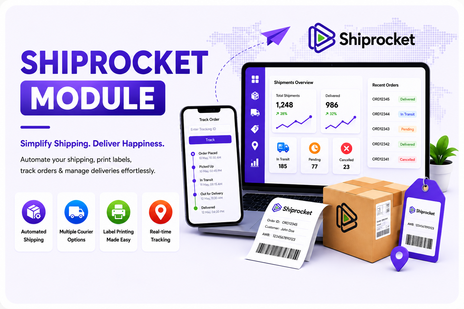 Shiprocket module illustration with shipment dashboard, tracking, and labels